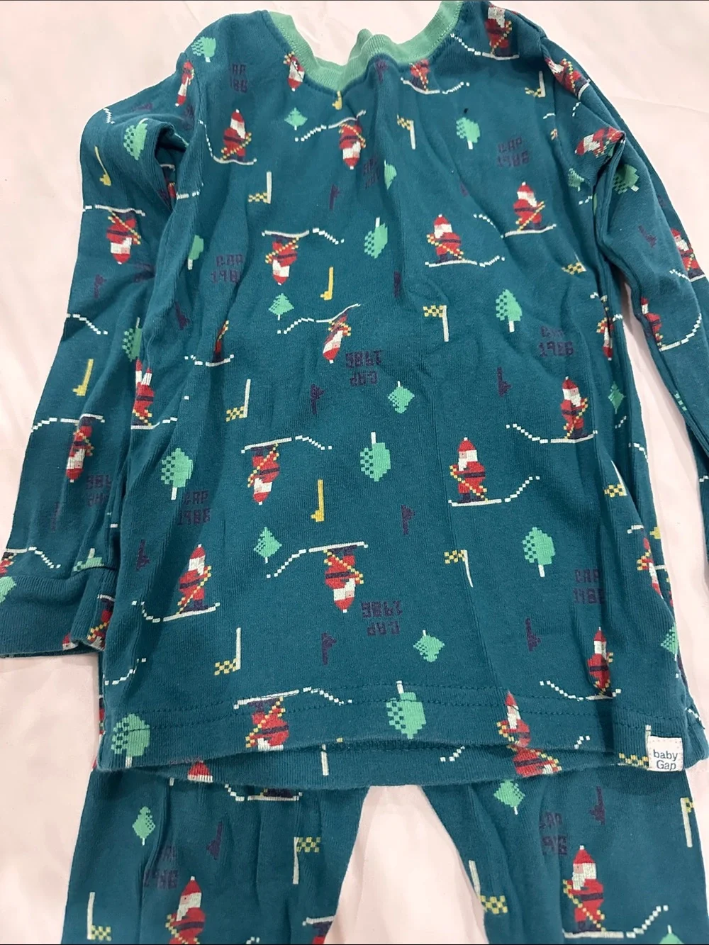GAP Teal Ski Santa Print Pajama Set